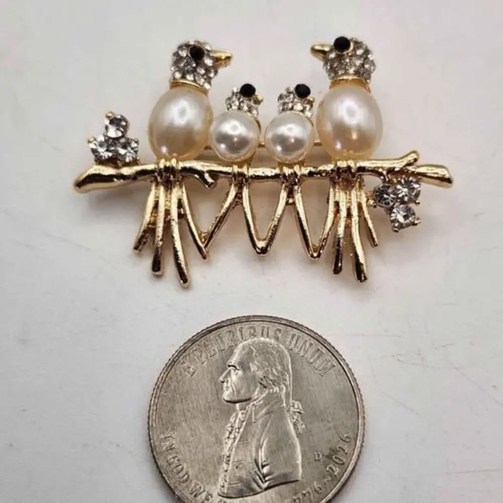 Faux Pearl and Rhinestone Bird Family Brooch